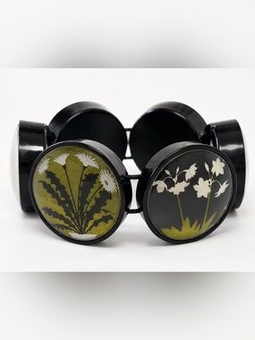 Vintage Hot Cakes Black and Olive Green Floral Resin Link Bubble Bracelet